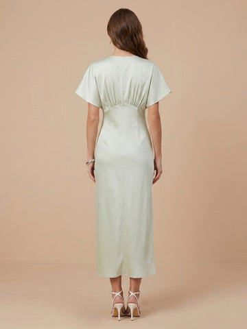 V Neck Satin Sheath Short Sleeves Wedding Guest Dresses with Slit