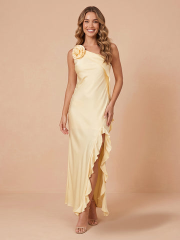 Sheath One Shoulder Satin Sleeveless Wedding Guest Dresses with Ruched