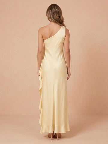 Sheath One Shoulder Satin Sleeveless Wedding Guest Dresses with Ruched