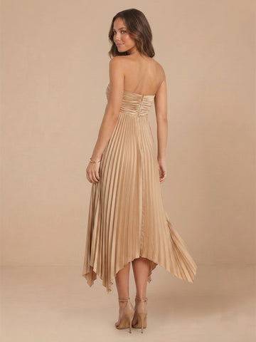 Strapless Chiffon A Line Sleeveless Wedding Guest Dresses with Pleated