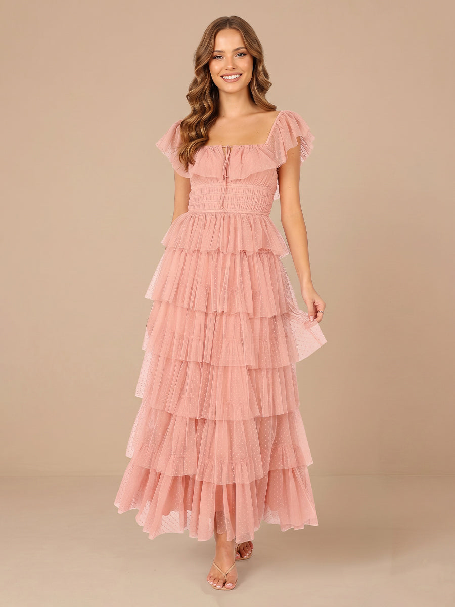 Square Neck Tulle A Line Sleeveless Tiered Wedding Guest Dresses