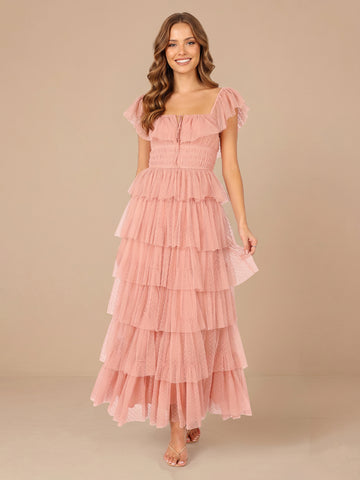 Square Neck Tulle A Line Sleeveless Tiered Wedding Guest Dresses