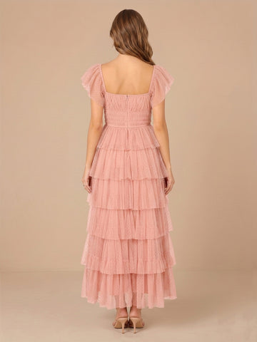 Square Neck Tulle A Line Sleeveless Tiered Wedding Guest Dresses