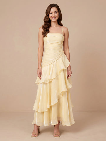 Chiffon A Line Spaghetti Straps Sleeveless Tiered Ruffles Wedding Guest Dresses