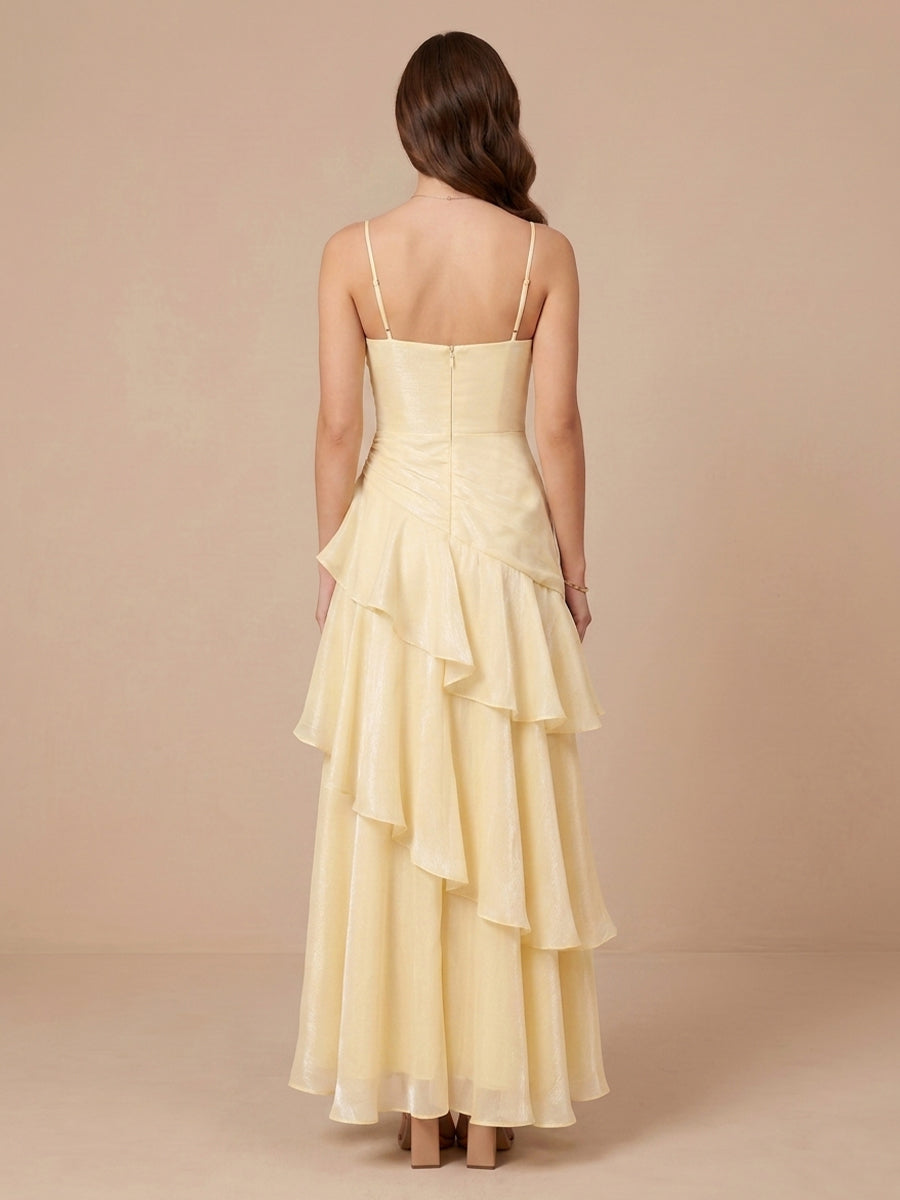 Chiffon A Line Spaghetti Straps Sleeveless Tiered Ruffles Wedding Guest Dresses