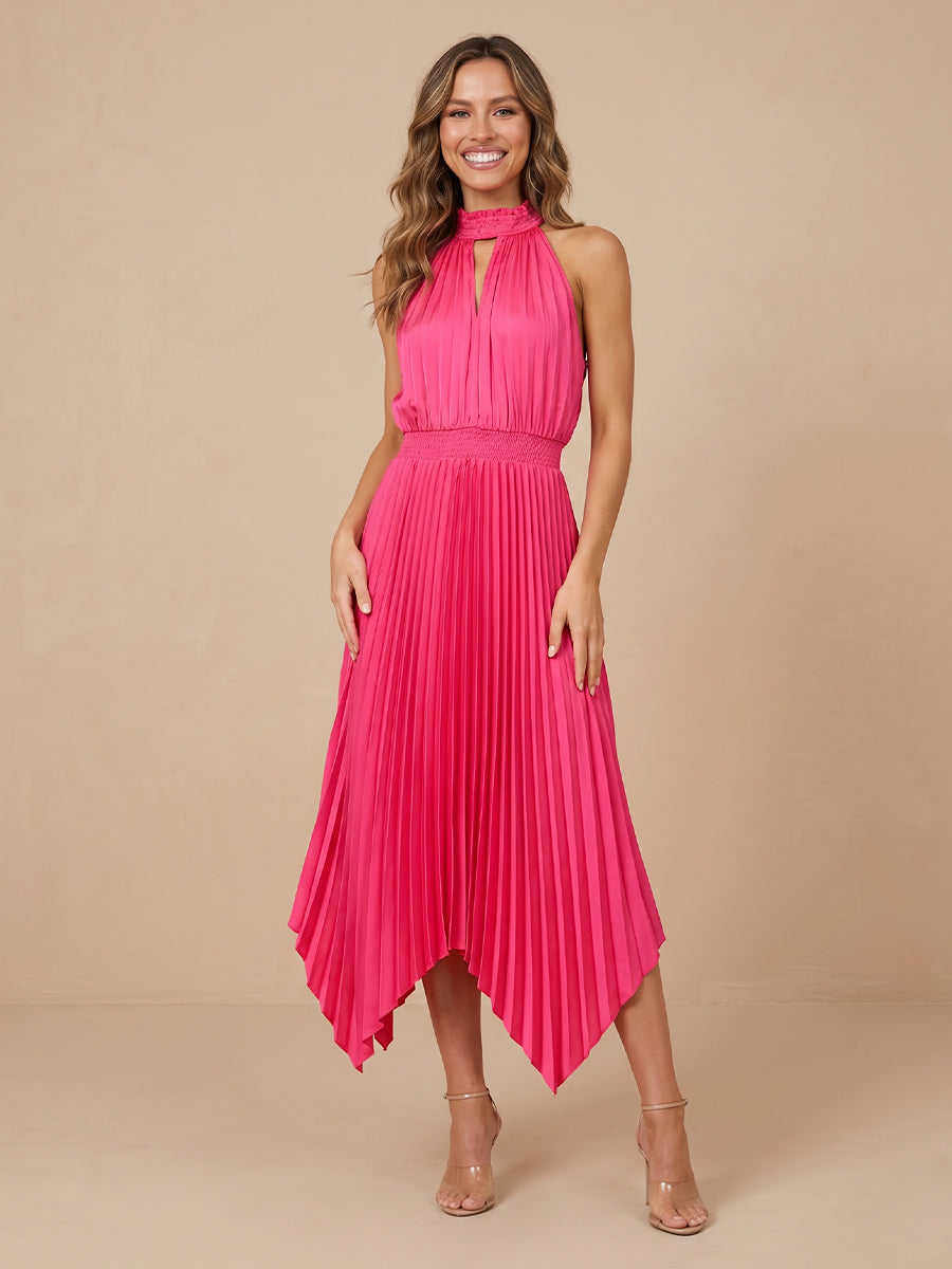 Halter Chiffon A Line Sleeveless Wedding Guest Dresses with Pleated