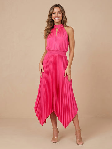 Halter Chiffon A Line Sleeveless Wedding Guest Dresses with Pleated