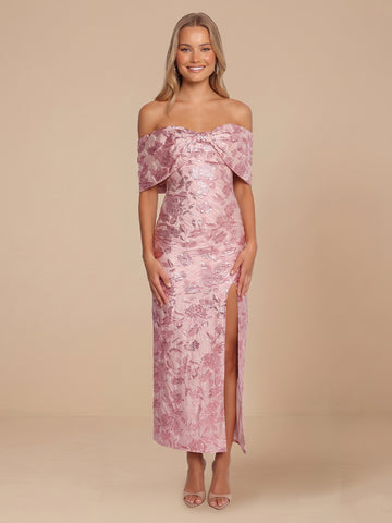 Mermaid Off the Shoulder Satin Sleeveless Embroidery Wedding Guest Dresses with Slit