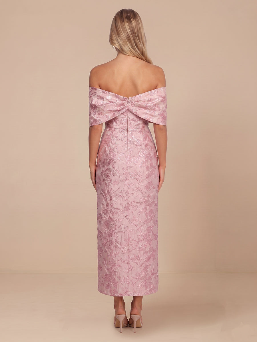 Mermaid Off the Shoulder Satin Sleeveless Embroidery Wedding Guest Dresses with Slit