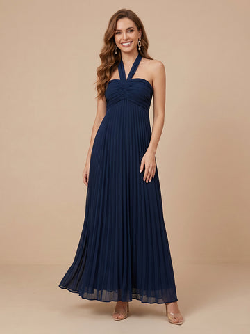 A Line Halter Chiffon Sleeveless Wedding Guest Dresses with Pleated