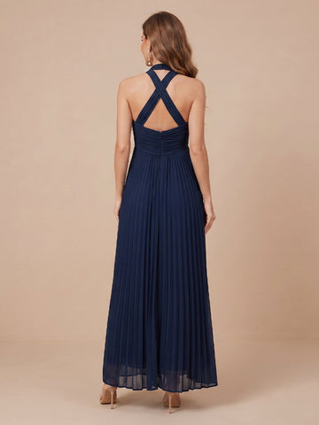 A Line Halter Chiffon Sleeveless Wedding Guest Dresses with Pleated