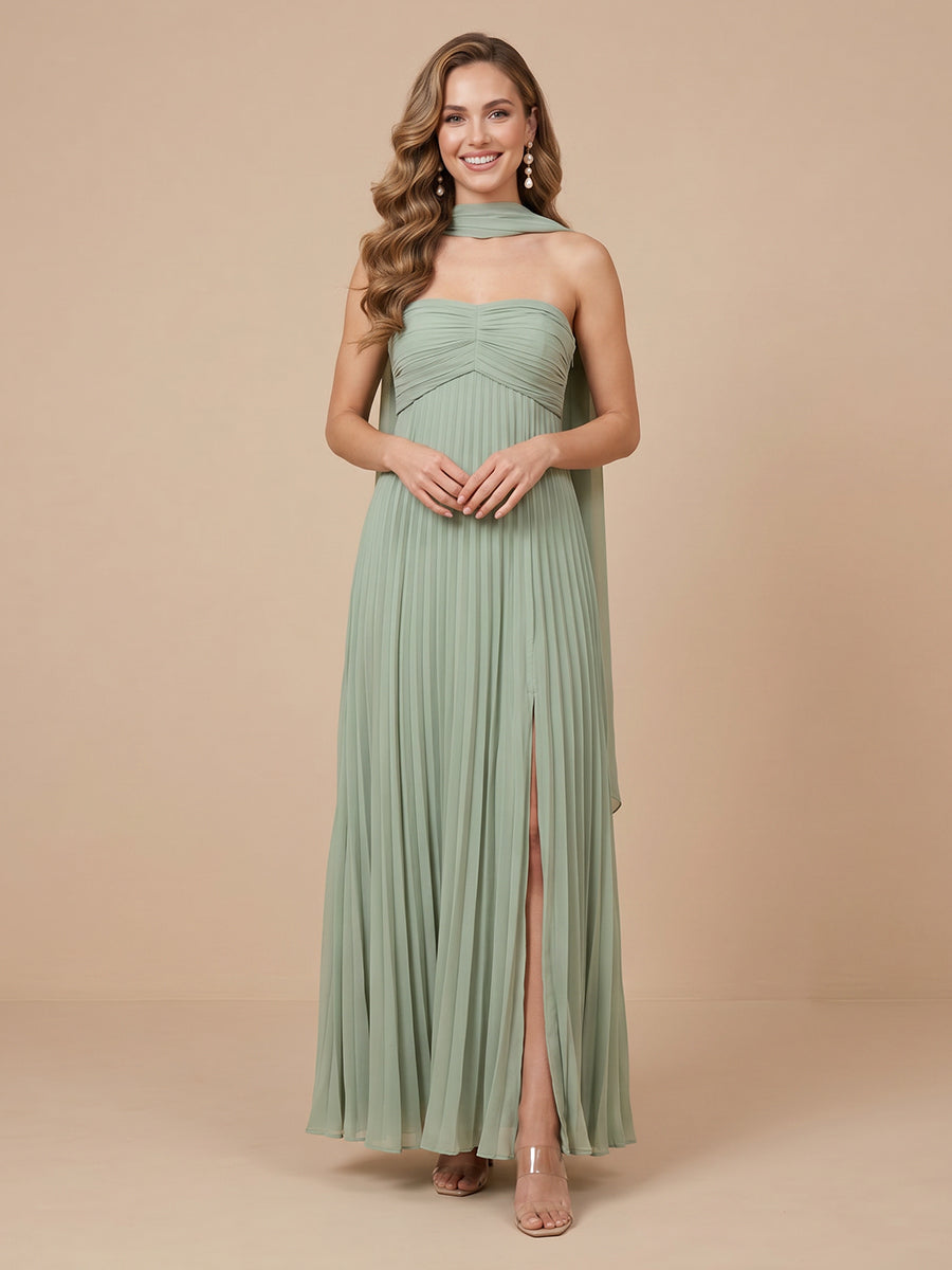 A Line Strapless Chiffon Sleeveless Wedding Guest Dresses with Pleated
