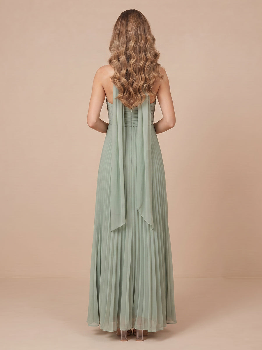A Line Strapless Chiffon Sleeveless Wedding Guest Dresses with Pleated