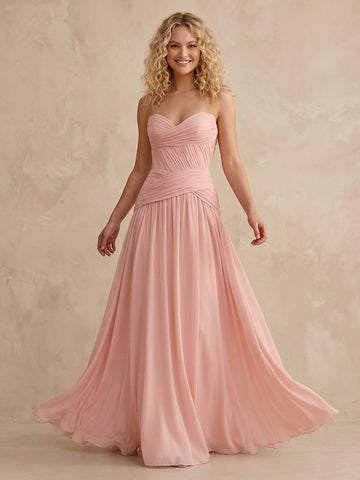 Chiffon A Line Strapless Sleeveless Long Wedding Guest Dresses