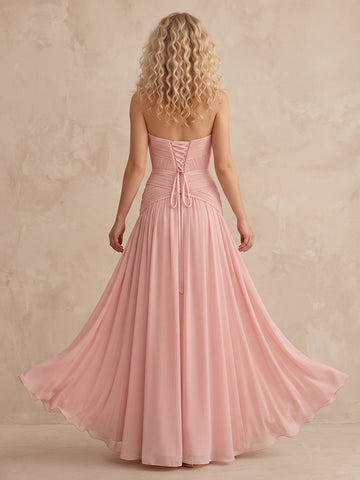 Chiffon A Line Strapless Sleeveless Long Wedding Guest Dresses