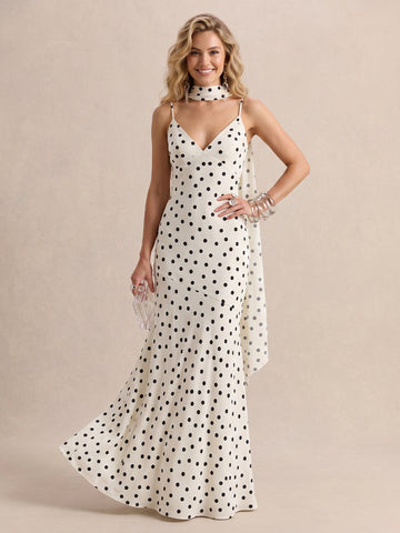Chiffon Dot A Line V Neck Spaghetti Strps Long Wedding Guest Dresses with Scarf