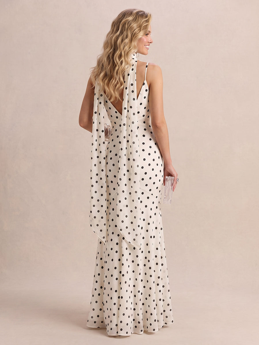 Chiffon Dot A Line V Neck Spaghetti Strps Long Wedding Guest Dresses with Scarf
