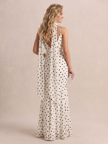 Chiffon Dot A Line V Neck Spaghetti Strps Long Wedding Guest Dresses with Scarf