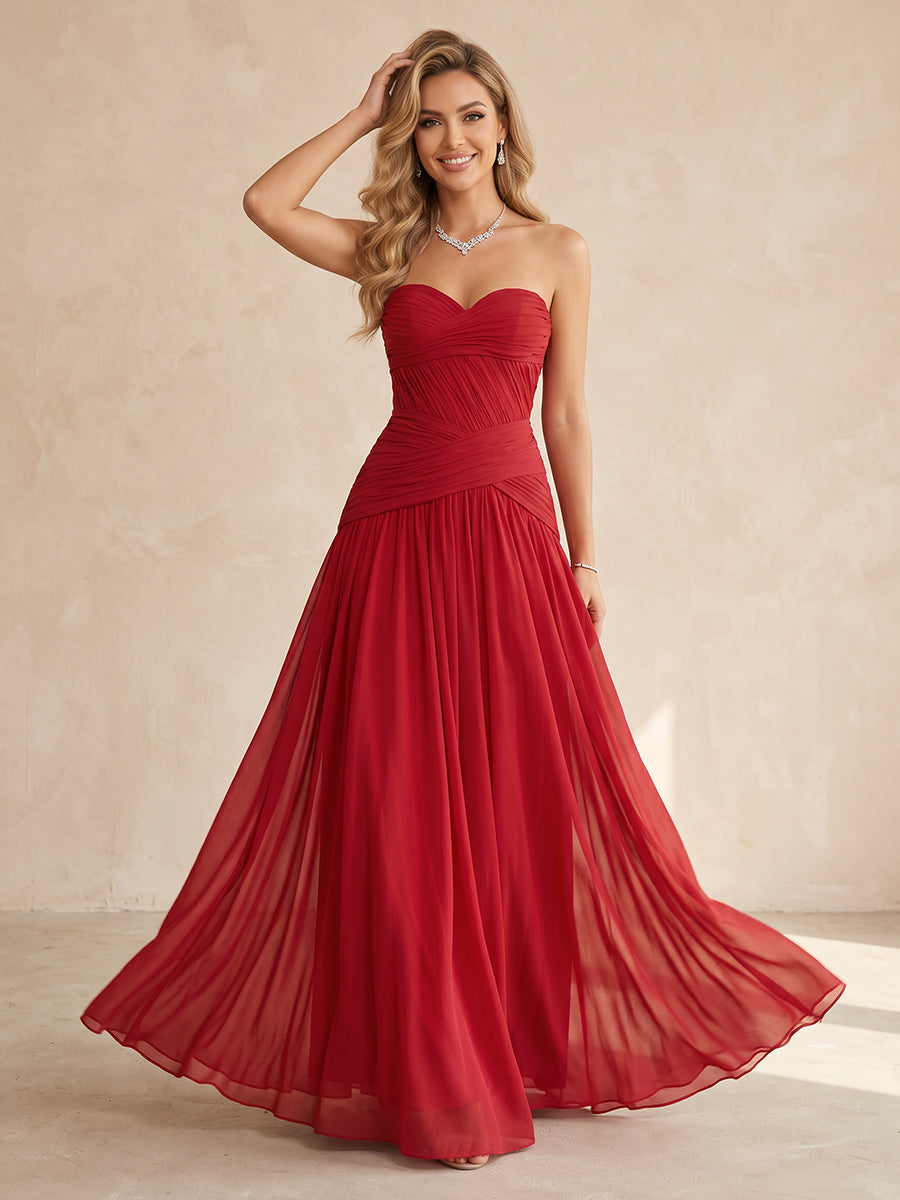 A Line Strapless Chiffon Sleeveless Long Wedding Guest Dresses