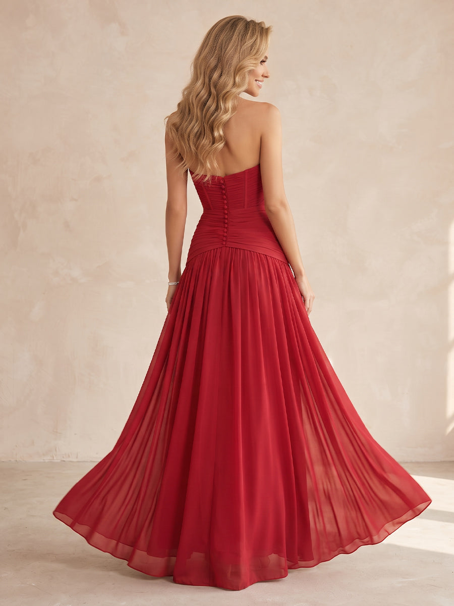 A Line Strapless Chiffon Sleeveless Long Wedding Guest Dresses