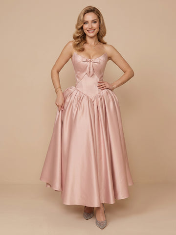 Satin A Line Strapless Sleeveless Tea Length Wedding Guest Dresses