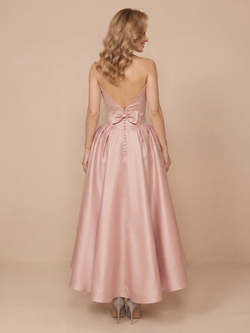 Satin A Line Strapless Sleeveless Tea Length Wedding Guest Dresses