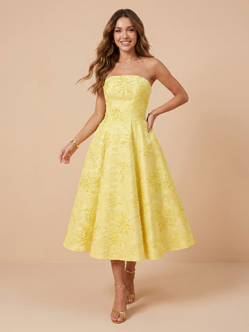 Jacquard A Line Strapless Sleeveless Tea Length Wedding Guest Dresses
