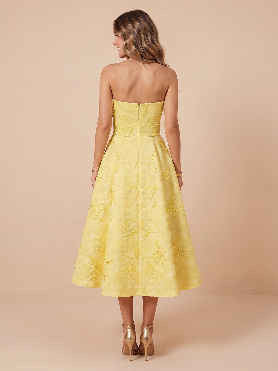 Jacquard A Line Strapless Sleeveless Tea Length Wedding Guest Dresses