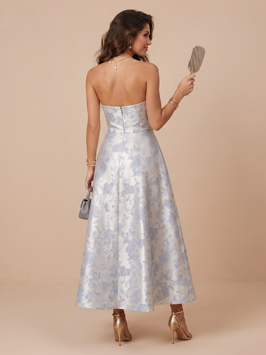 Jacquard Sleeveless A Line Strapless Tea Length Wedding Guest Dresses