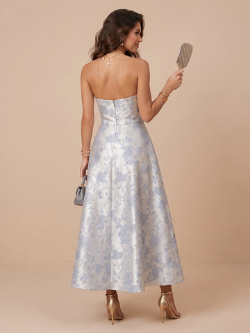 Jacquard Sleeveless A Line Strapless Tea Length Wedding Guest Dresses