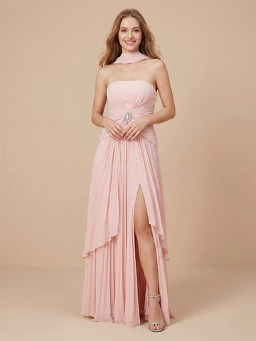 Chiffon Strapless A Line Long Wedding Guest Dresses with Scarf