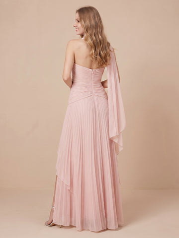 Chiffon Strapless A Line Long Wedding Guest Dresses with Scarf