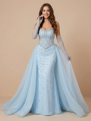Satin Mermaid Tulle Strapless Sleeveless Evening Dresses with Train