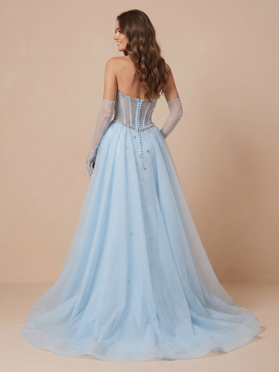 Satin Mermaid Tulle Strapless Sleeveless Evening Dresses with Train