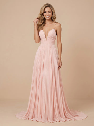 A Line V Neck Chiffon Sleeveless Long Wedding Guest Dresses with Ruched