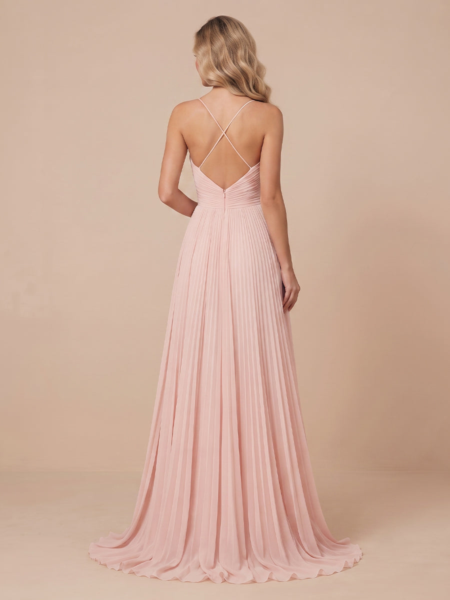 A Line V Neck Chiffon Sleeveless Long Wedding Guest Dresses with Ruched