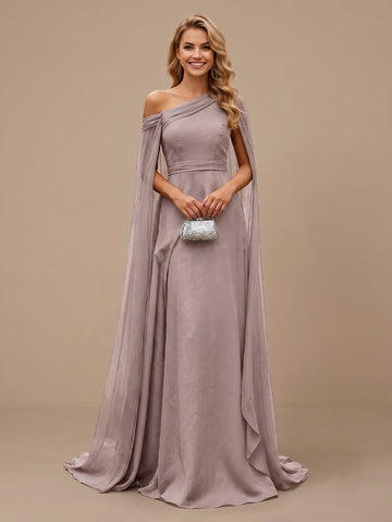 A Line One Shoulder Sleeveless Chiffon Long Wedding Guest Dresses