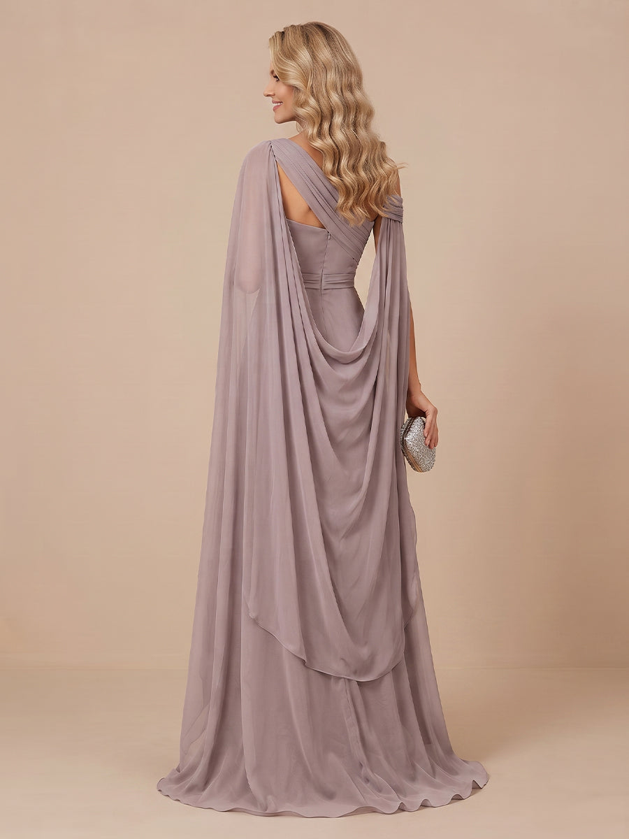 A Line One Shoulder Sleeveless Chiffon Long Wedding Guest Dresses