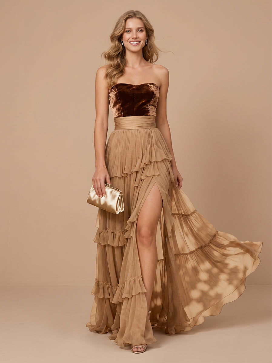 A Line Strapless Sleeveless Long Wedding Guest Dresses with Slit