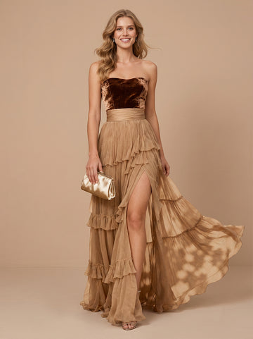 A Line Strapless Sleeveless Long Wedding Guest Dresses with Slit