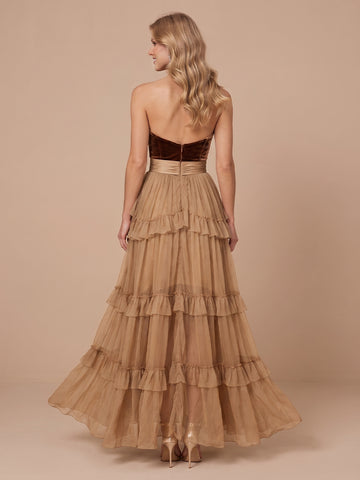A Line Strapless Sleeveless Long Wedding Guest Dresses with Slit