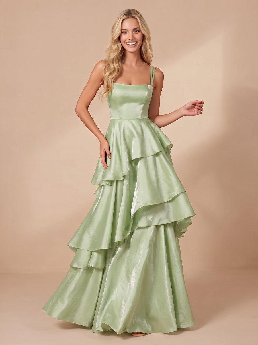 A Line Square Neck Sleeveless Satin Tiered Long Wedding Guest Dresses