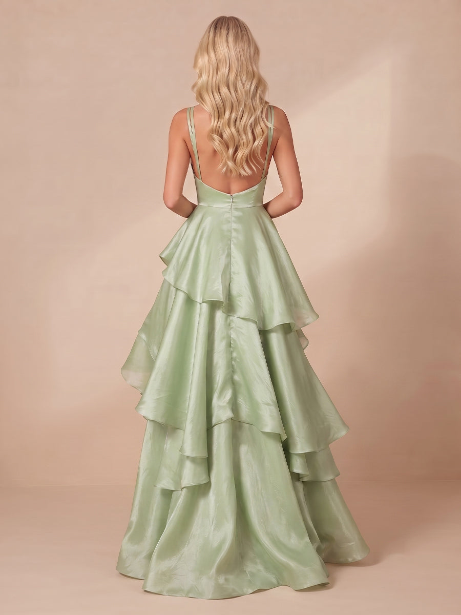 A Line Square Neck Sleeveless Satin Tiered Long Wedding Guest Dresses