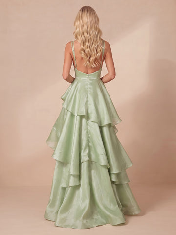 A Line Square Neck Sleeveless Satin Tiered Long Wedding Guest Dresses