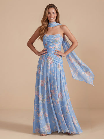A Line Strapless Sleeveless Long Wedding Guest Dresses with Scarf
