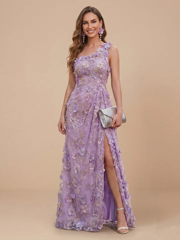 A Line One Shoulder Sleeveless Lace Long Wedding Guest Dresses with Slit