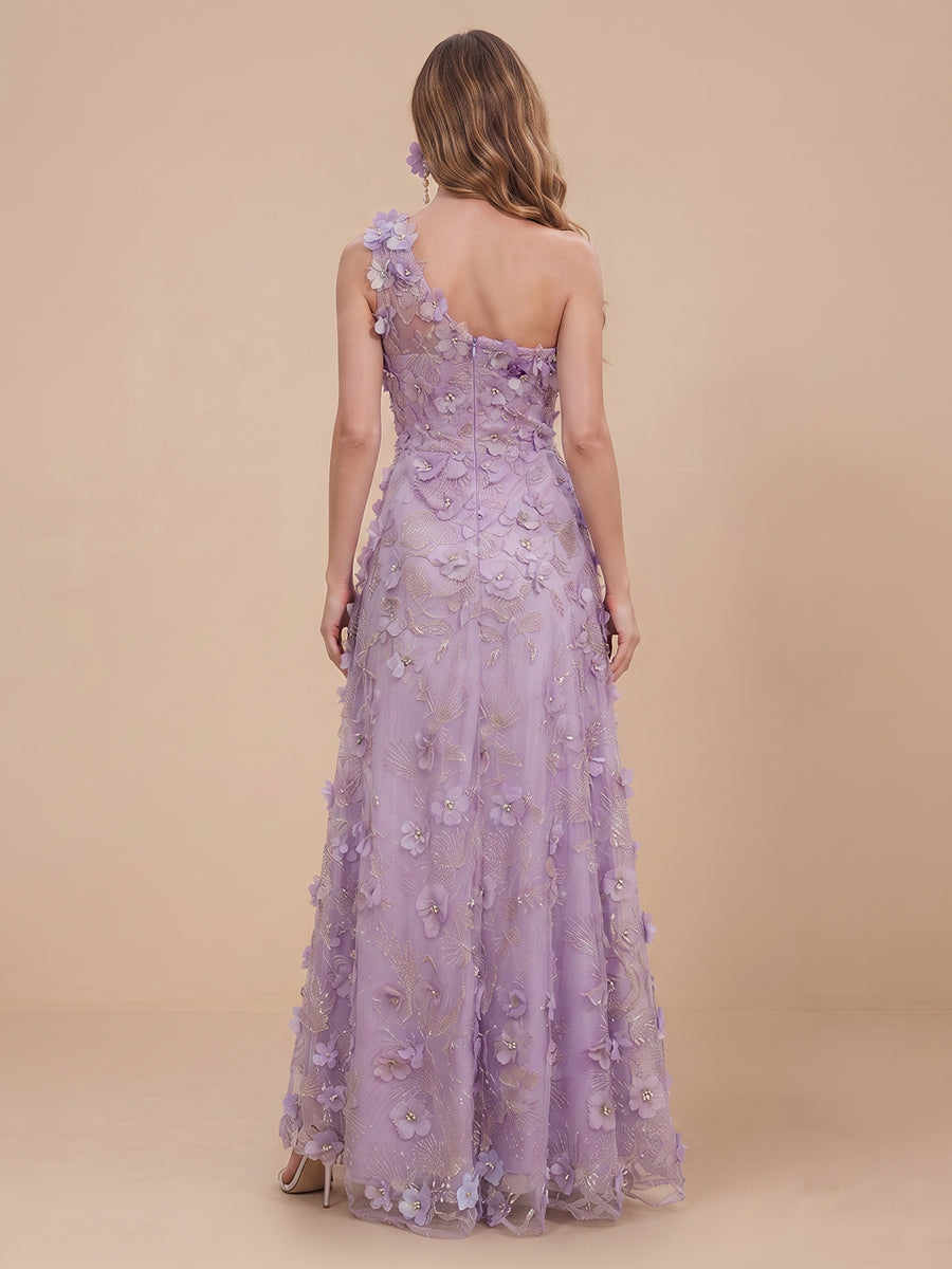 A Line One Shoulder Sleeveless Lace Long Wedding Guest Dresses with Slit