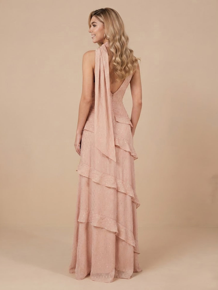 A Line Deep V Neck Sleeveless Long Wedding Guest Dresses with Scarf