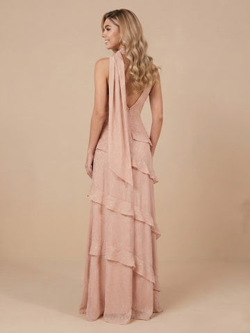 A Line Deep V Neck Sleeveless Long Wedding Guest Dresses with Scarf