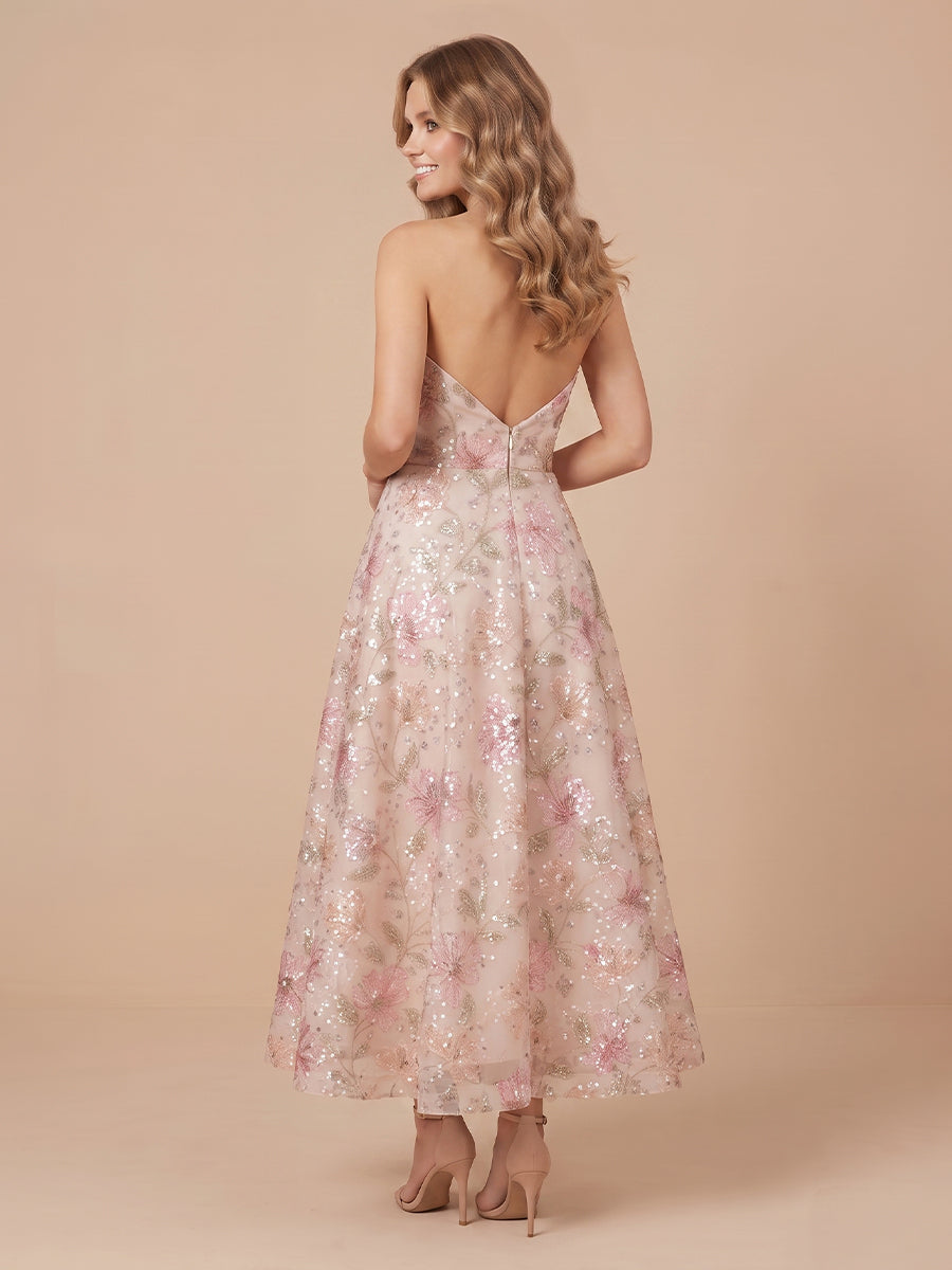 A Line Strapless Sequins Sleeveless Long Wedding Guest Dresses